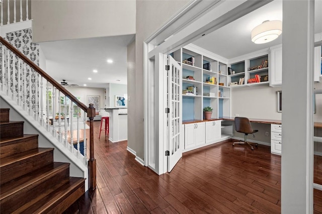 5929 Mesa Verde Cir, Austin, TX 78749 - office space featuring built in study area, dark wood finished floors, recessed lighting, ceiling fan, and baseboards