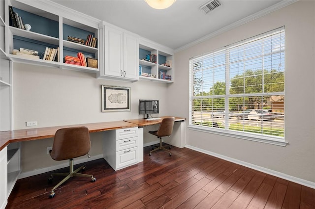 5929 Mesa Verde Cir, Austin, TX 78749 - office area with built in study area, crown molding, dark wood finished floors, and baseboards