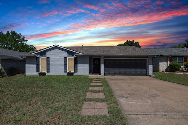 11200 Bending Bough Trl, Austin, TX 78758 - view of front of house with brick siding, a garage, driveway, a front lawn, and roof with shingles