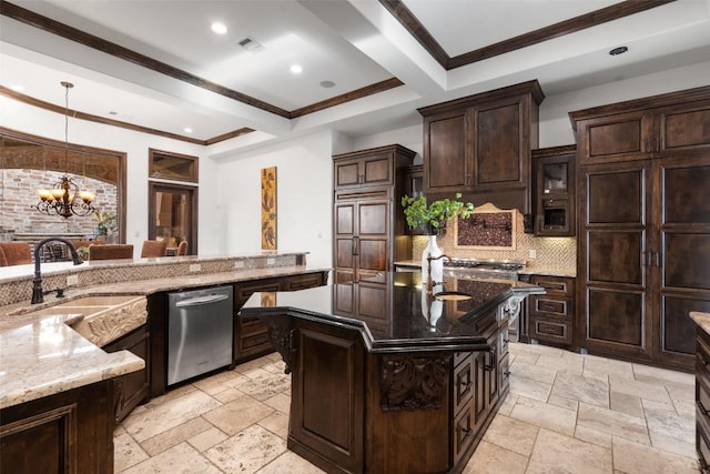 604 Logans Ln, Austin, TX 78746 - kitchen with dishwasher, stone tile floors, tasteful backsplash, a chandelier, and a kitchen island with sink