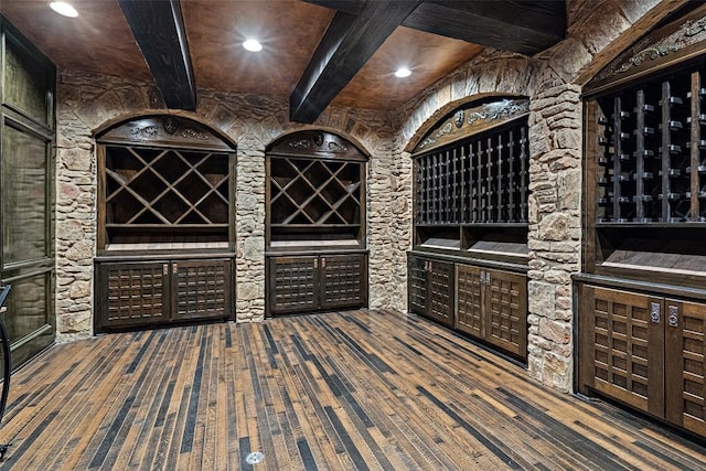 604 Logans Ln, Austin, TX 78746 - wine area featuring wood-type flooring, recessed lighting, and beam ceiling