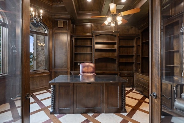 604 Logans Ln, Austin, TX 78746 - office space featuring inlaid floor details, ornamental molding, a ceiling fan, wood walls, and recessed lighting