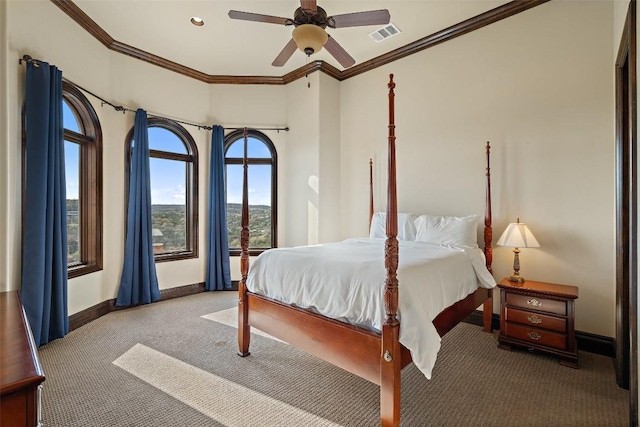 604 Logans Ln, Austin, TX 78746 - carpeted bedroom featuring ornamental molding and a ceiling fan
