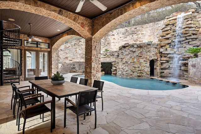 604 Logans Ln, Austin, TX 78746 - view of patio featuring a ceiling fan, french doors, an outdoor pool, and outdoor dining area