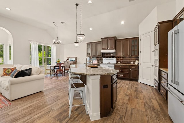 310 Lauren Trl, Cedar Park, TX 78613 - kitchen featuring a sink, vaulted ceiling, stove, a chandelier, and under cabinet range hood
