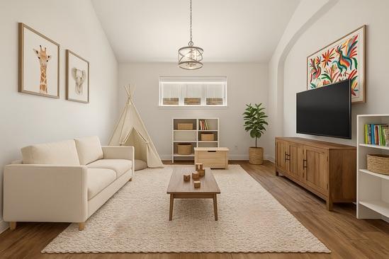 310 Lauren Trl, Cedar Park, TX 78613 - living area featuring vaulted ceiling, wood finished floors, a chandelier, and baseboards