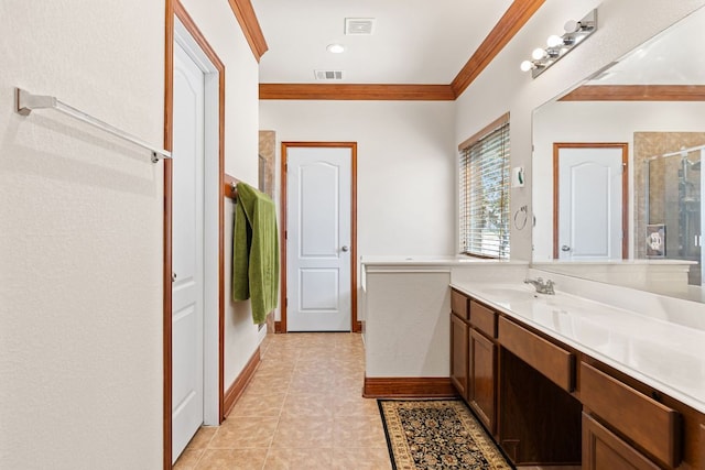 113 Blossom Valley Strm, Buda, TX 78610 - full bath featuring vanity, a shower stall, ornamental molding, baseboards, and tile patterned floors