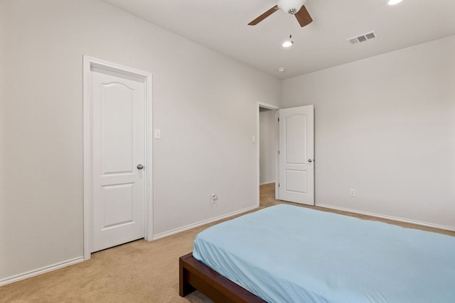 113 Blossom Valley Strm, Buda, TX 78610 - bedroom featuring light colored carpet, baseboards, a ceiling fan, and recessed lighting