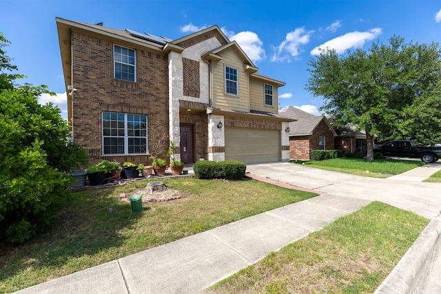 113 Blossom Valley Strm, Buda, TX 78610 - view of front of house with brick siding, concrete driveway, roof mounted solar panels, and a garage
