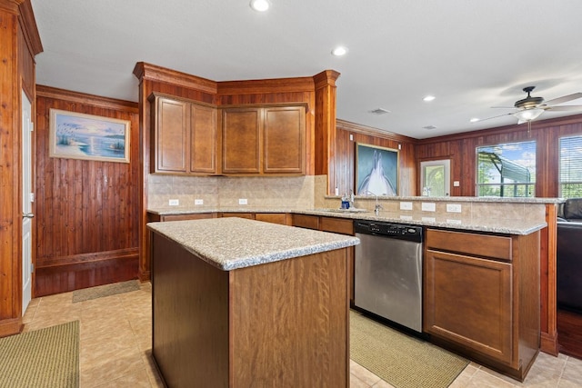 113 Blossom Valley Strm, Buda, TX 78610 - kitchen featuring dishwasher, a peninsula, tasteful backsplash, recessed lighting, and a ceiling fan