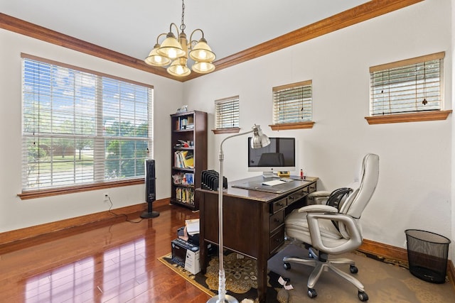 113 Blossom Valley Strm, Buda, TX 78610 - office space featuring plenty of natural light, a chandelier, baseboards, wood finished floors, and crown molding