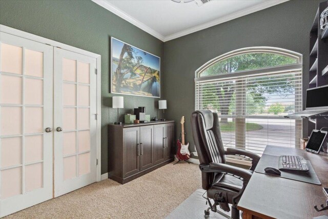 119 Tallwood Cir, Salado, TX 76571 - office featuring light colored carpet, crown molding, and french doors