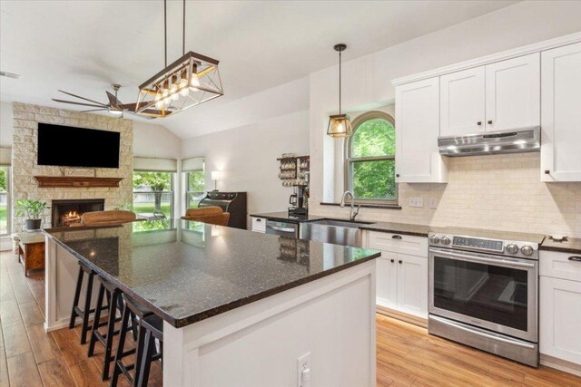 119 Tallwood Cir, Salado, TX 76571 - kitchen with stainless steel appliances, a sink, under cabinet range hood, open floor plan, and tasteful backsplash