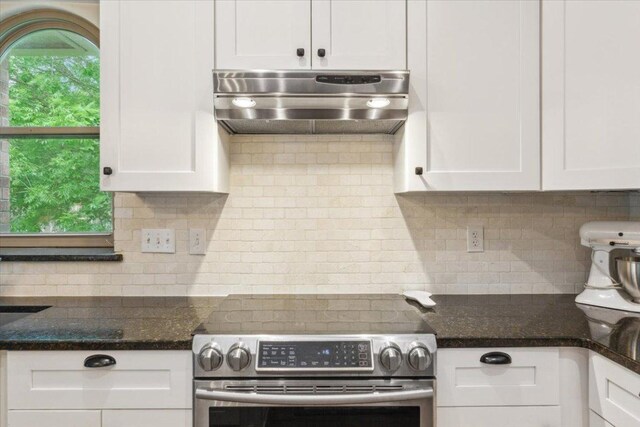 119 Tallwood Cir, Salado, TX 76571 - kitchen featuring stainless steel electric stove, extractor fan, white cabinetry, and decorative backsplash