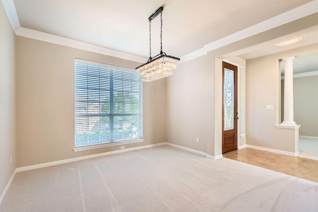 7701 Crackling Creek Dr, Austin, TX 78736 - unfurnished room with crown molding, baseboards, decorative columns, and carpet flooring