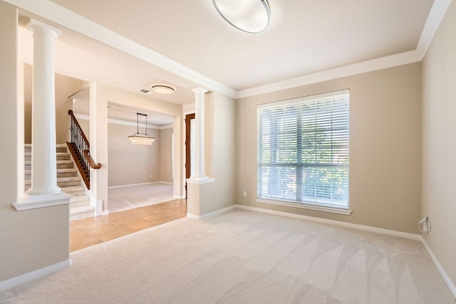 7701 Crackling Creek Dr, Austin, TX 78736 - unfurnished room featuring crown molding, carpet flooring, stairs, baseboards, and decorative columns