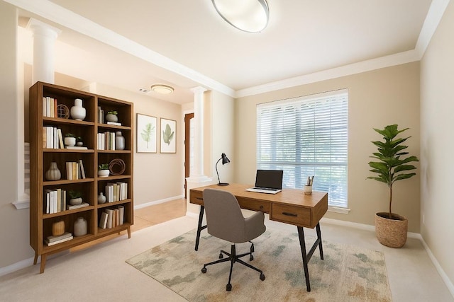 7701 Crackling Creek Dr, Austin, TX 78736 - home office featuring ornate columns, crown molding, and light colored carpet