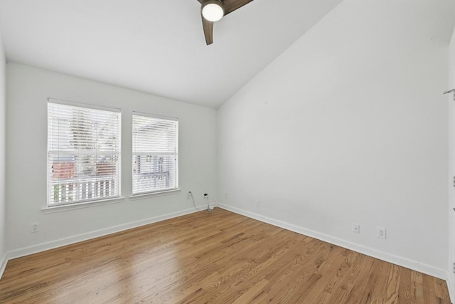 905 Juanita St, Austin, TX 78704 - empty room with light wood-style flooring, a ceiling fan, lofted ceiling, and baseboards