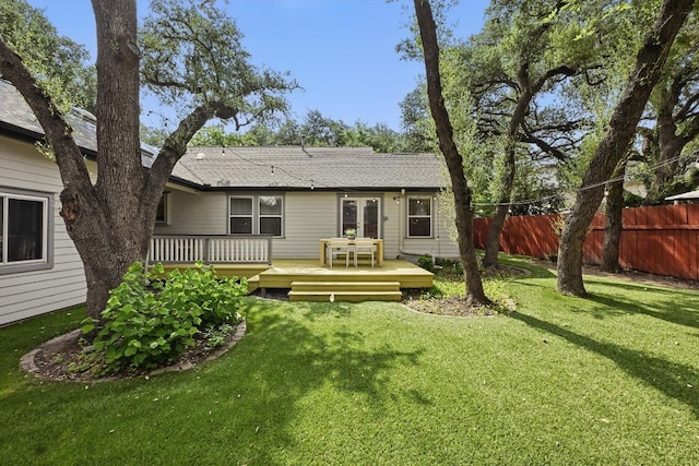 905 Juanita St, Austin, TX 78704 - rear view of house with a wooden deck, a shingled roof, and french doors