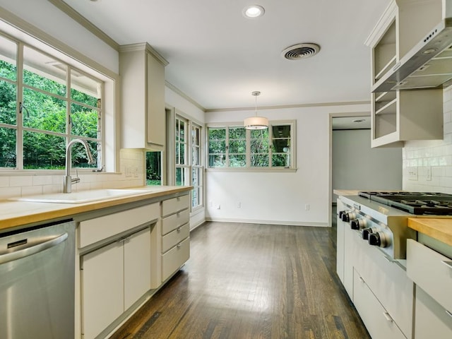 3304 Windsor Rd, Austin, TX 78703 - kitchen featuring stainless steel appliances, butcher block countertops, ventilation hood, tasteful backsplash, and dark wood finished floors