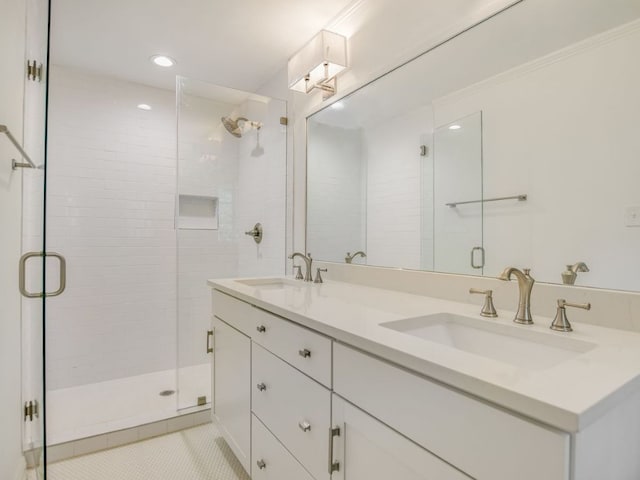 3304 Windsor Rd, Austin, TX 78703 - bathroom featuring a stall shower, double vanity, tile patterned floors, and recessed lighting