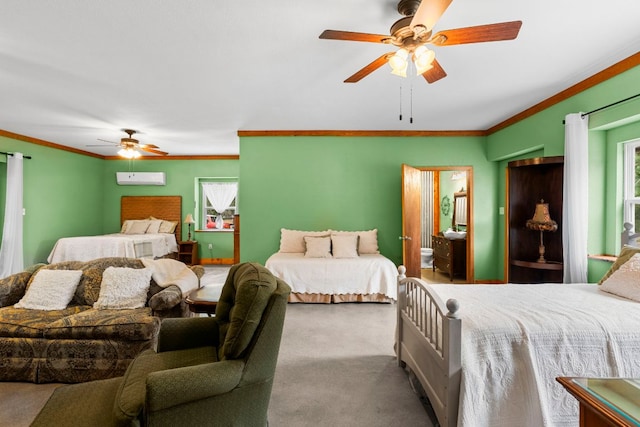 966 County Road 439th Rd, Stockdale, TX 78160 - bedroom featuring a wall mounted AC, carpet flooring, ornamental molding, and a ceiling fan