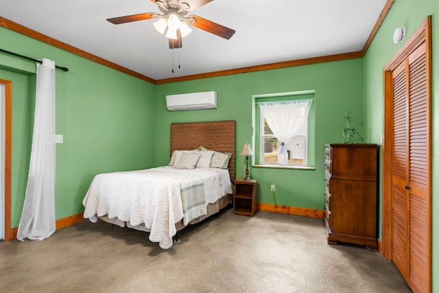 966 County Road 439th Rd, Stockdale, TX 78160 - bedroom featuring a wall mounted AC, baseboards, a closet, ornamental molding, and carpet flooring
