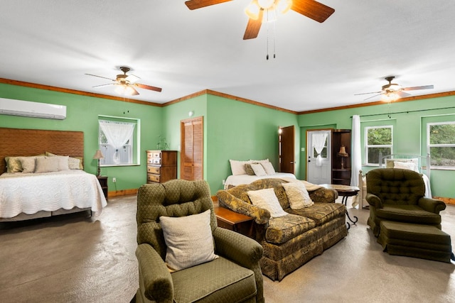 966 County Road 439th Rd, Stockdale, TX 78160 - bedroom featuring carpet flooring, a wall mounted AC, a ceiling fan, and a closet