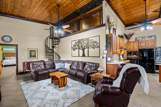 966 County Road 439th Rd, Stockdale, TX 78160 - living room with wood ceiling, a towering ceiling, and stairs