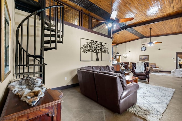 966 County Road 439th Rd, Stockdale, TX 78160 - living area with ceiling fan, wooden ceiling, stairs, baseboards, and high vaulted ceiling