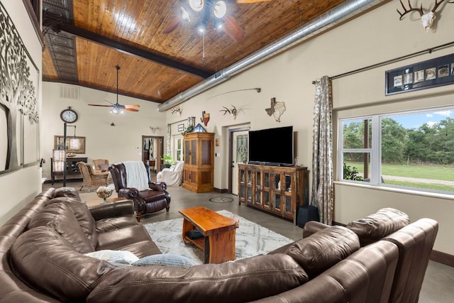 966 County Road 439th Rd, Stockdale, TX 78160 - living area featuring ceiling fan, wood ceiling with exposed beams, baseboards, high vaulted ceiling, and finished concrete flooring