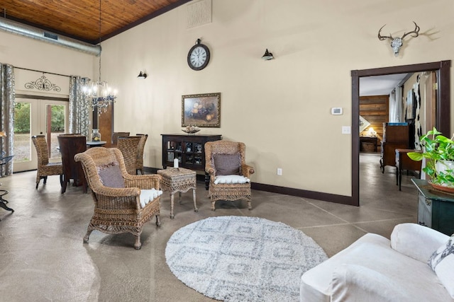 966 County Road 439th Rd, Stockdale, TX 78160 - living area featuring wood ceiling, a high ceiling, french doors, baseboards, and a chandelier