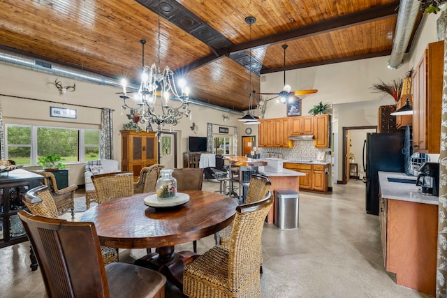 966 County Road 439th Rd, Stockdale, TX 78160 - dining area featuring wooden ceiling with exposed beams, concrete flooring, and a chandelier