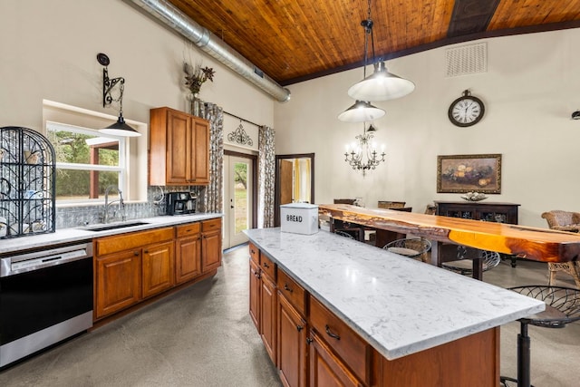 966 County Road 439th Rd, Stockdale, TX 78160 - kitchen featuring dishwasher, wood ceiling, a sink, a center island, and a kitchen breakfast bar
