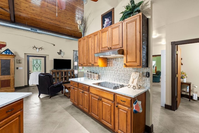 966 County Road 439th Rd, Stockdale, TX 78160 - kitchen with under cabinet range hood, black electric stovetop, backsplash, finished concrete floors, and a high ceiling
