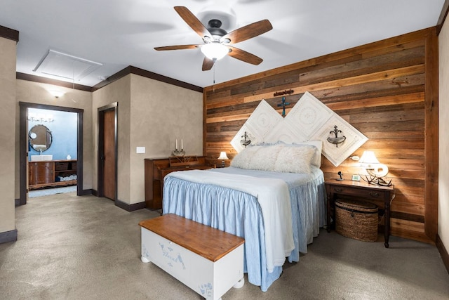 966 County Road 439th Rd, Stockdale, TX 78160 - bedroom with attic access, wood walls, baseboards, and a ceiling fan