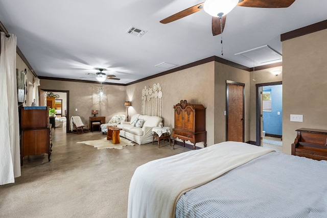 966 County Road 439th Rd, Stockdale, TX 78160 - bedroom with attic access, concrete flooring, crown molding, and ceiling fan