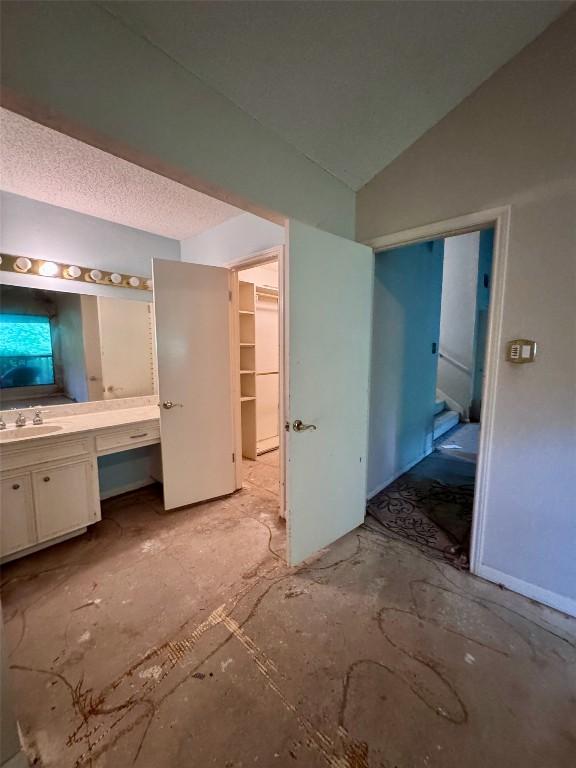 3409 Rosefinch Trl, Austin, TX 78746 - bathroom with vanity, vaulted ceiling, and a walk in closet