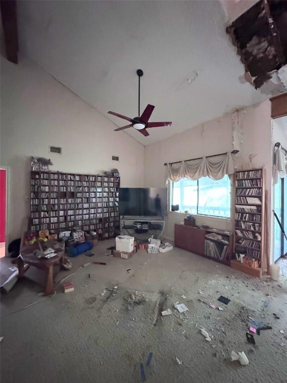 3409 Rosefinch Trl, Austin, TX 78746 - living room with a ceiling fan and high vaulted ceiling