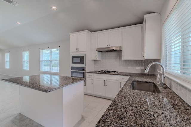 2800 Joe Dimaggio Blvd Unit 95, Round Rock, TX 78665 - kitchen featuring a sink, under cabinet range hood, appliances with stainless steel finishes, dark stone countertops, and tasteful backsplash