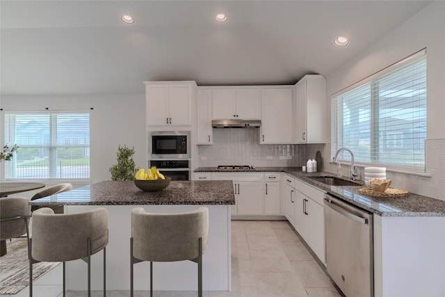2800 Joe Dimaggio Blvd Unit 95, Round Rock, TX 78665 - kitchen with stainless steel appliances, a sink, under cabinet range hood, decorative backsplash, and a kitchen breakfast bar