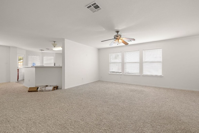 120 Wegstrom St, Hutto, TX 78634 - unfurnished living room with ceiling fan, plenty of natural light, light colored carpet, and ornamental molding