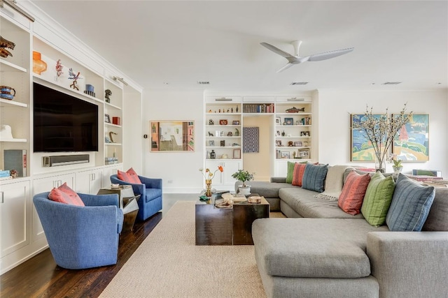 3317 Bowman Ave, Austin, TX 78703 - living area featuring dark wood-style flooring, built in features, and a ceiling fan