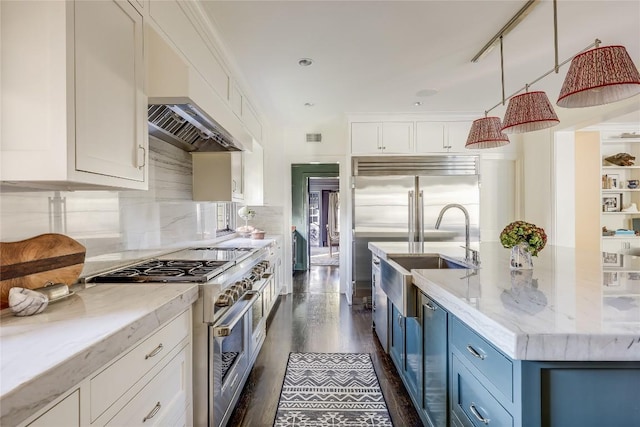 3317 Bowman Ave, Austin, TX 78703 - kitchen with premium appliances, a sink, white cabinets, and blue cabinetry