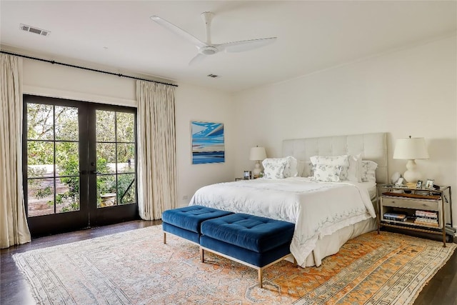 3317 Bowman Ave, Austin, TX 78703 - bedroom featuring french doors, wood finished floors, ceiling fan, and access to exterior