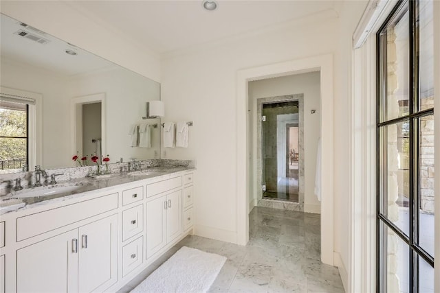 3317 Bowman Ave, Austin, TX 78703 - full bath featuring double vanity, baseboards, marble finish floors, and an enclosed shower