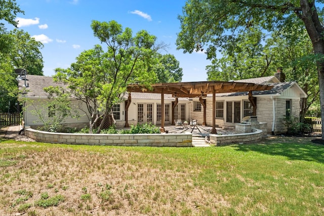 5401 Shoal Creek Blvd, Austin, TX 78756 - rear view of house with french doors, a yard, a patio, stone siding, and a pergola