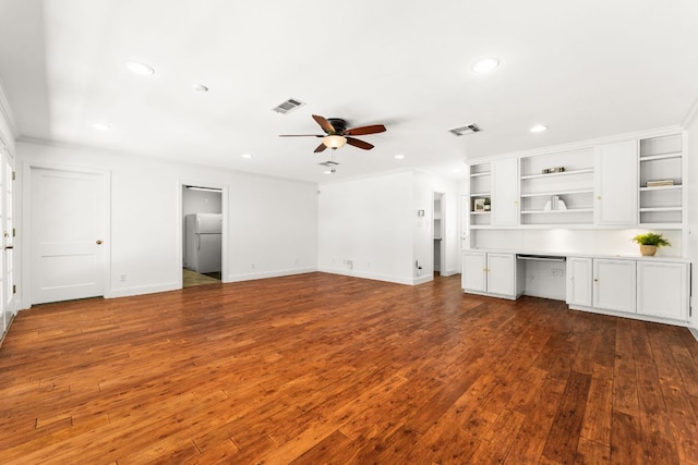 5401 Shoal Creek Blvd, Austin, TX 78756 - unfurnished living room with a ceiling fan, recessed lighting, dark wood finished floors, baseboards, and crown molding