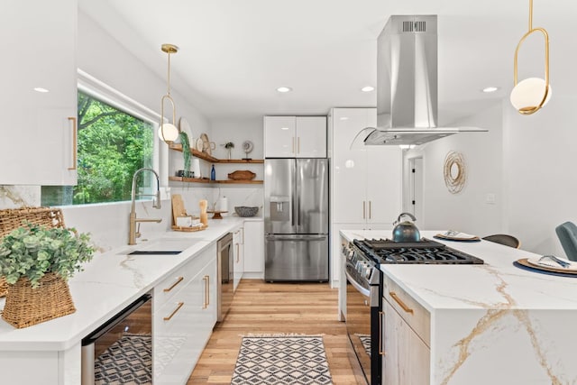 5102 Ravensdale Ln, Austin, TX 78723 - kitchen featuring appliances with stainless steel finishes, a sink, modern cabinets, island range hood, and wine cooler
