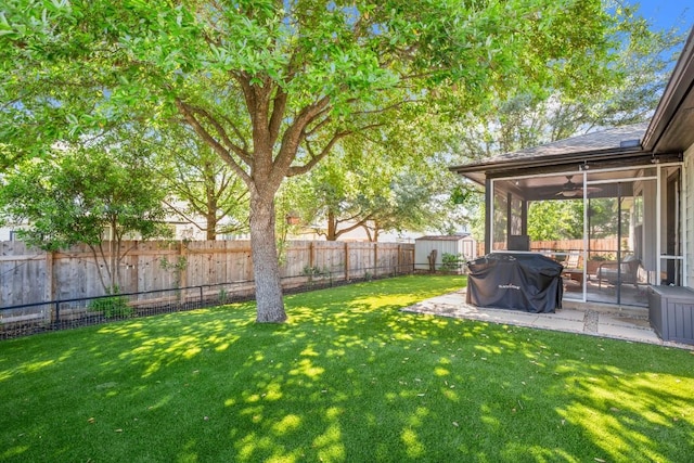 3400 Lynnbrook Dr, Austin, TX 78748 - view of yard with a sunroom, a patio area, and a ceiling fan